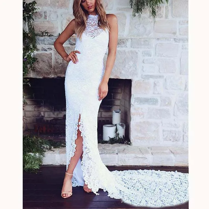 

2019 New Summer Bohemian Sexy Backless Sheath Wedding Dresses Halter High Splits Lace Wedding Gowns Beach Bridal Dress vestidos