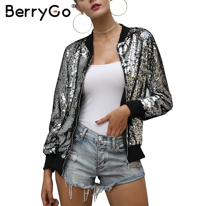 BerryGo Sequin zipper basic jackets coat Women streetwear bomber jacket