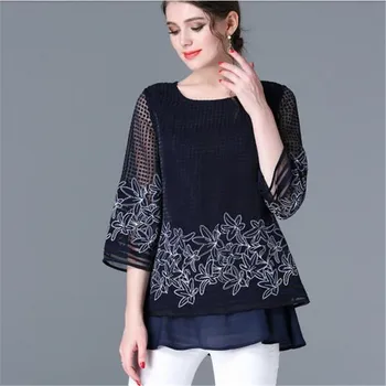 

New Plus size Women leisure T-shirt Spring Summer Women Loose tops Round collar Three Quarter tops Sweet T-shirt Female Q0104