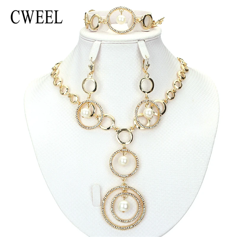 

CWEEL Pearl Jewelry Sets For Women African Beads Jewelry Set Wedding Imitation Crystal Bridal Dubai Necklace Costume Jewelery