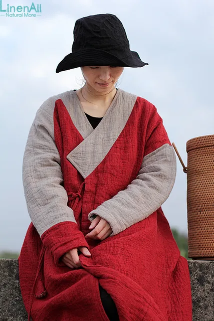 Cheap LinenAll women's parkas, thickening kanaff deep V-neck linen button strap loose thermal wadded jacket outerwear yijiu