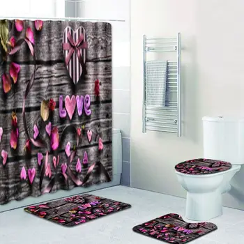 

Modern pastoral Wood grain flower shower curtain set polyester waterproof shower curtain 180x180cm with bathroom mat 4PCS/set