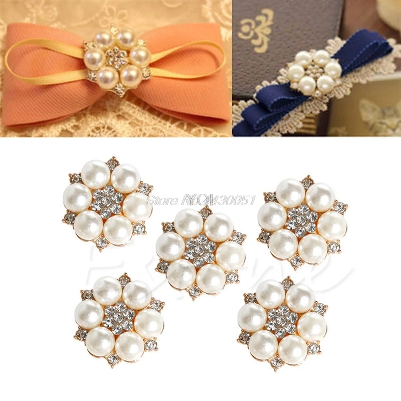 

5Pc Pearl Crystal Rhinestone Buttons Flower Flatback Wedding Craft Embellishment