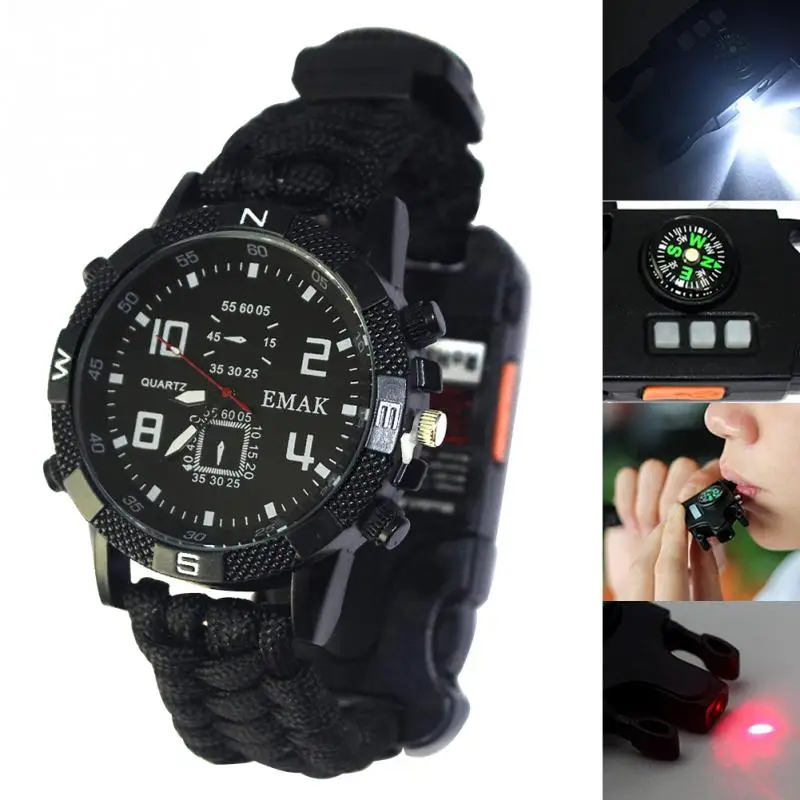 

Survival EDC Women Camping Safety watch Multi-function Tools Flashlight Compass Whistle Rescue Rope Outdoor Watch for men