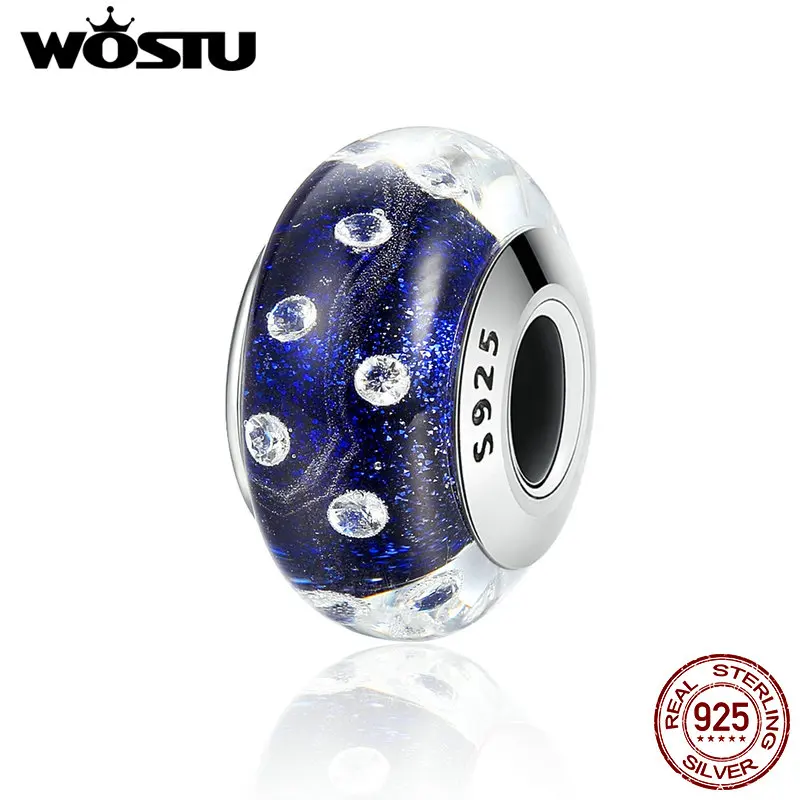 

WOSTU Hot 925 Sterling Silver Sky Blue Effervescen Murano Glass Beads Fit Original WST Charm Bracelet S925 Jewelry CQZ063