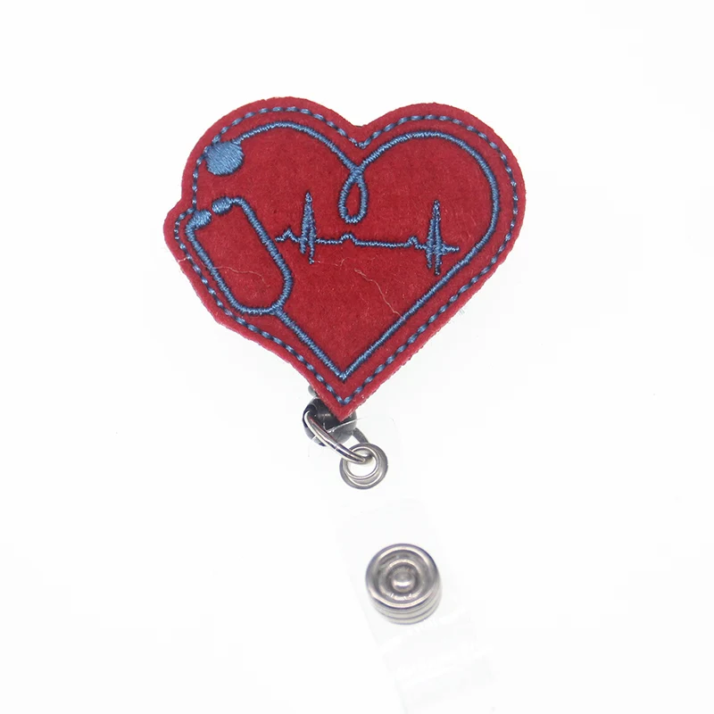 

EKG Heart Nurse felt Retractable Badge Reel Holder Nursing Stethoscope Name ID Badge Holder with Alligator Clip