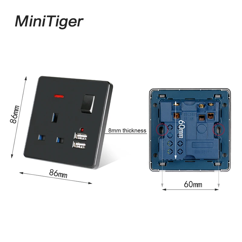 Черная настенная розетка Minitiger 13 А британский стандарт переключатель 2 1 двойной