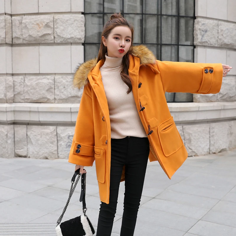 Hiver Horn Capuchon Femelle Parka Manteau De Survêtement Fourrure Laine Veste Lâche Femmes À Col Moyen orange Épaisse Chaud Bouton Beige Fitaylor Long Grand FwWTn5pxW
