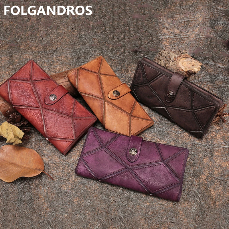 

2018 Women's Long Wallet Genuine Leather Handmade Vintage Cow Leather Clutch Wallet Ladies Brand Designer Photo Card Holder Bag