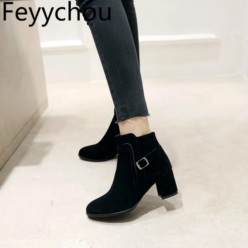 

Women Boots Autumn Winter High Heel Warm Flock Round Toe Zip Ankle Chelsea 2018 New Sexy Fashion Casual Black Beige Size 34-48