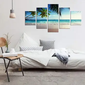 

Printed 5 Piece Canvas Art Blue Seascape Painting Wall Pictures for Living Room Beach Poster