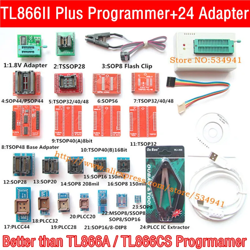 Программатор XGecu V10.22 TL866II Plus + 24 гнезда адаптера для замены USB EEPROM Universal minipro TL866CS TL866A