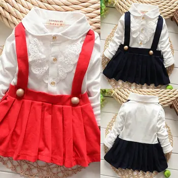 

Children long sleeve dress Girls baby False two lace straps Dress Pleated dress 2colors