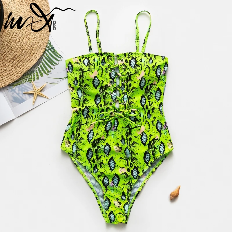 

In-X Snake print one piece swimsuit String monokini Push up bikini 2019 Sexy bodysuit one-piece suits lace up swimwear women XL