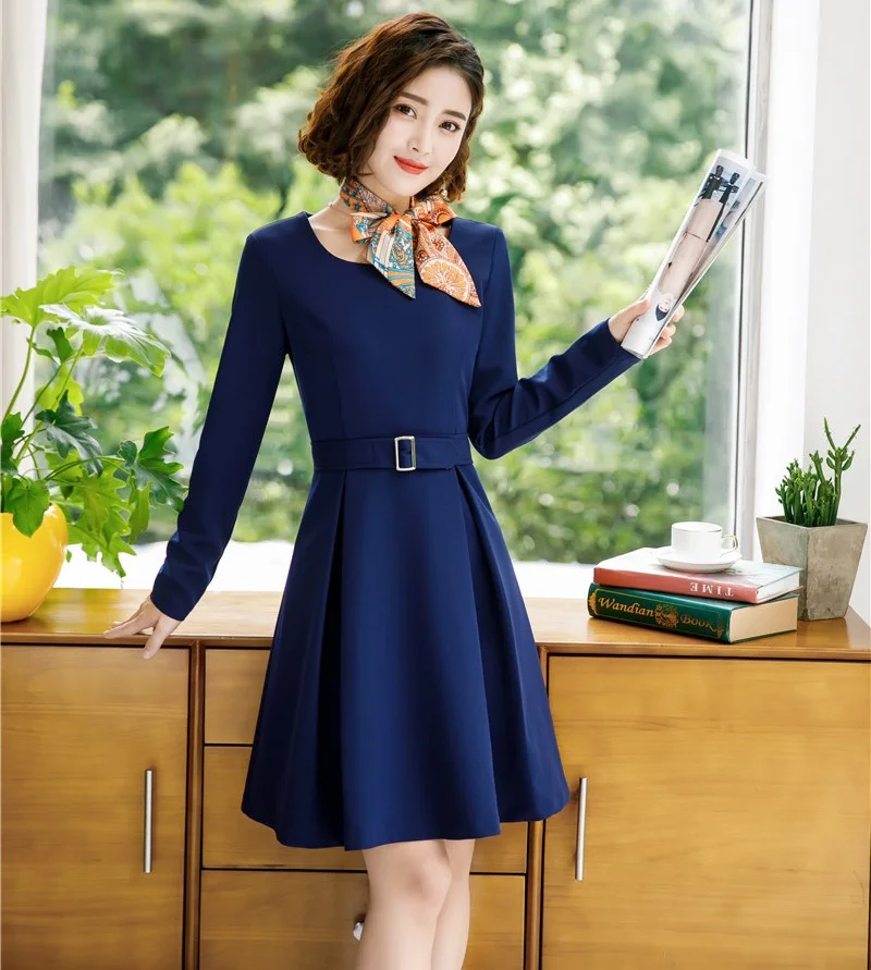 navy blue dress with scarf