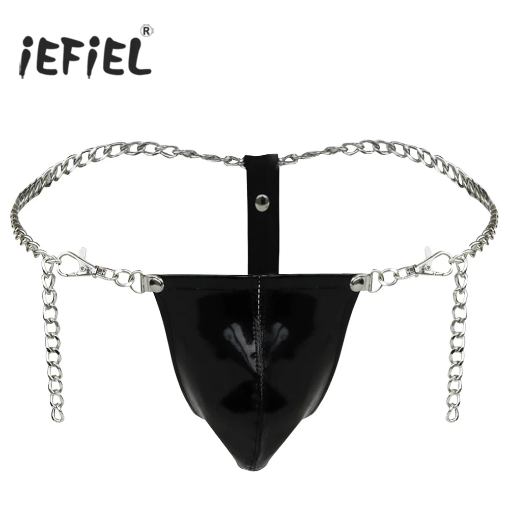 

iEFiEL Sexy Mens Patent Leather Bulge Pouch G-string Underwear with Chain Waist Wetlook Open Butt Jockstraps Gay Men's Panties