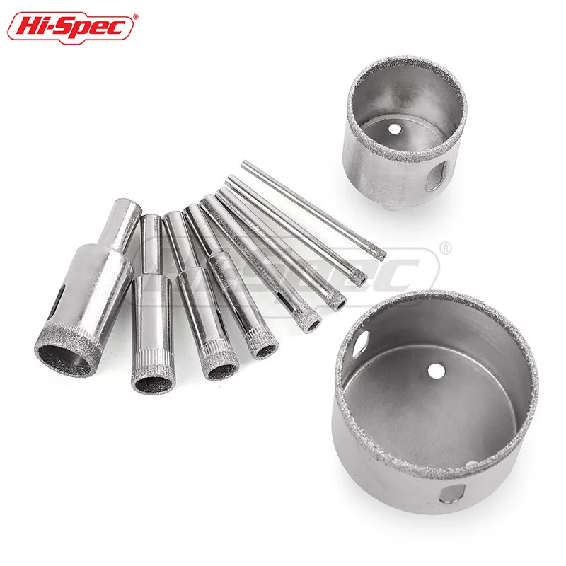 Hi-Spec 10pc 3-50mm Diamond Coated Core Hole Saw Drill Bit Set Ceramic Porcelain Glass Marble Hollow Extractor Remover Set TT004