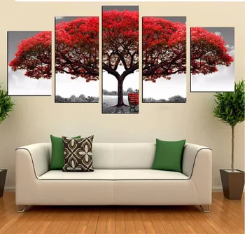 

5 panel red tree art scenery landscape picture diy diamond painting for bedroom living room mosaic Diamond Embroidery still life