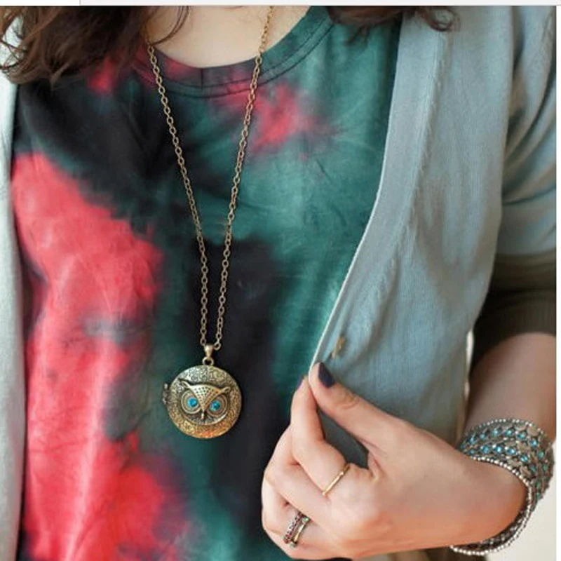 

2016 New Arrival Vintage Retro Antique Bronze Gold Colour Owl Pendant Openable Statement Necklace Women x120