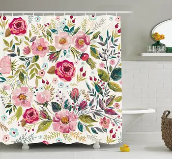 

Floral Shower Curtain Shabby Chic Flowers Roses Pedals Dots Leaves Buds Spring Season Artwork Bathroom Decor Set