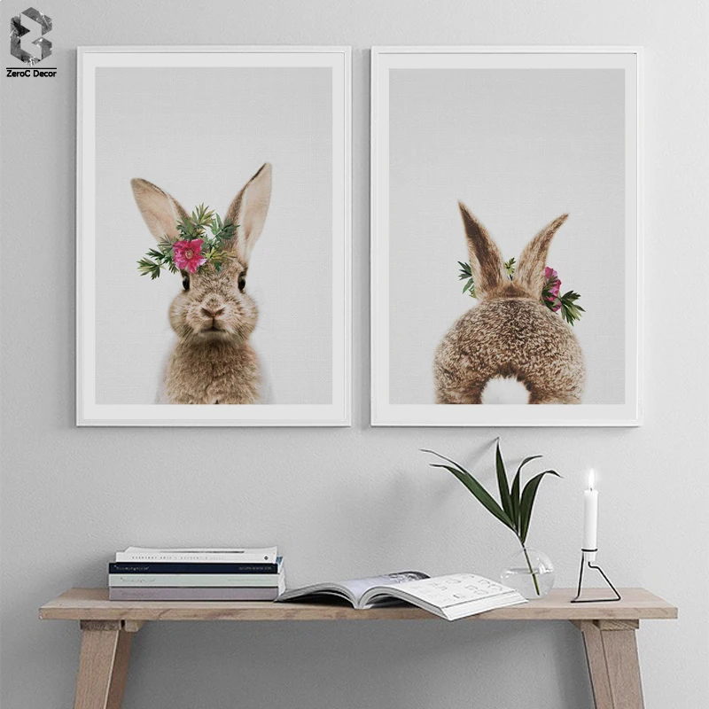 

Kawaii Animal Rabbit Posters And Prints Wall Art Canvas Painting Flower Bunny Pictures For Living Room Nordic Nursery Decoration
