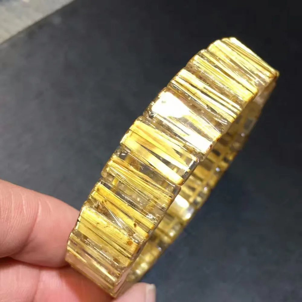 

100% Natural Brazil Gold Rutilated Titanium Quartz Bracelet Crystal Woman Man 14x7mm Wealthy Rectangle Beads Bracelet Bangle
