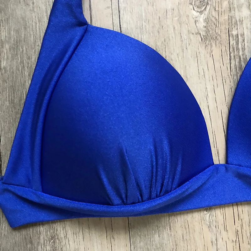 2018 Sexy Blue Gold Stamping Swimsuit Thong Women Bandage Bikini Set Halter Push Up Swimwear Padded Bra Female Bathing Suit