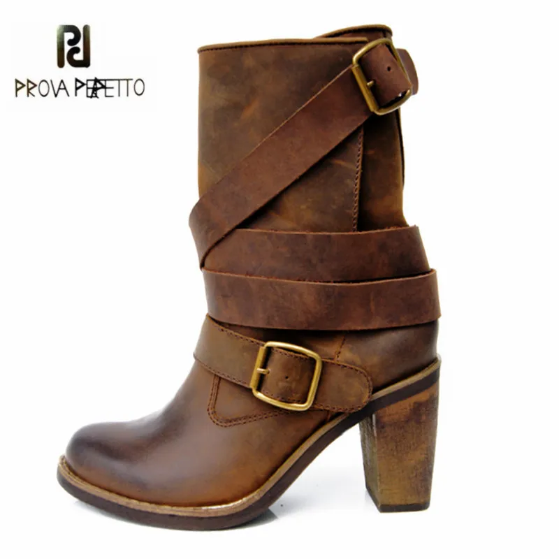 

Prova Perfetto Brown Women Genuine Leather High Heel Boot Platform Mid-Calf High Boots Buckle Straps Riding Botas Shoes Woman