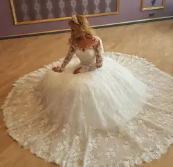 Одежда с длинным рукавом Vestido De Noiva 2019 мусульманские свадебные платья бальное платье Тюль Кружева аппликации из бисера Дубай арабское