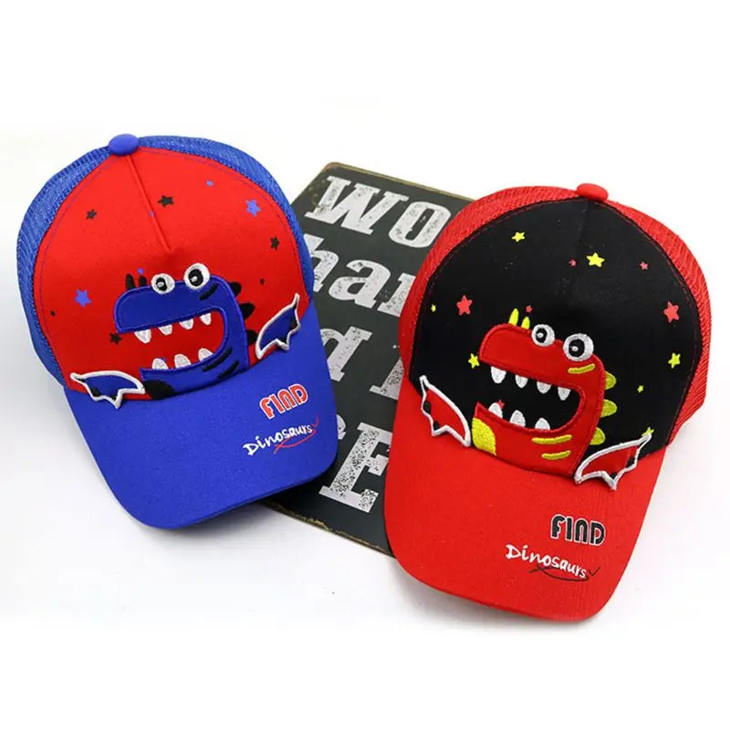 Kids Baby Summer Mesh Back Adjustable Baseball Cap Cute Cartoon Dinosaur Embroidery Tennis Hip Hop Cotton Trucker Sun Hat 2-10T