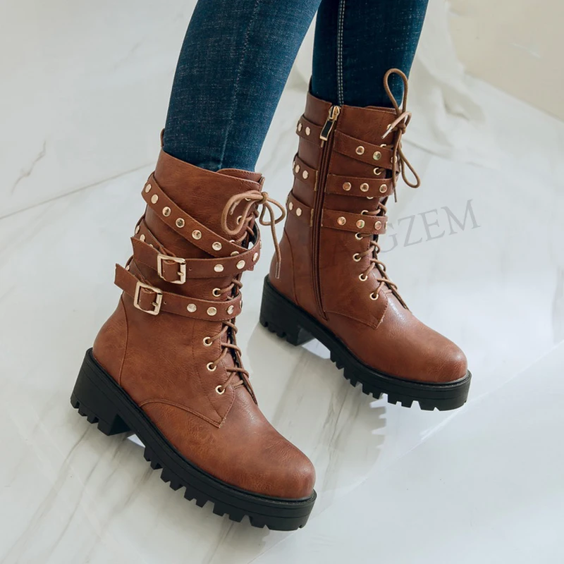 LAIGZEM Women Ankle Boots Mid Chunky Heels Combat Cow Girl Boots Punk Studs Boots Shoes Woman Botines Mujer Small Big Size 32-43 (2)
