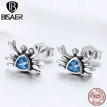 BISAER, настоящее 925 пробы, серебряные, морские, океанские, краб, маленькие серьги, голубой CZ, серьги-гвоздики для женщин, модные серьги, ювелирное изделие ECE413