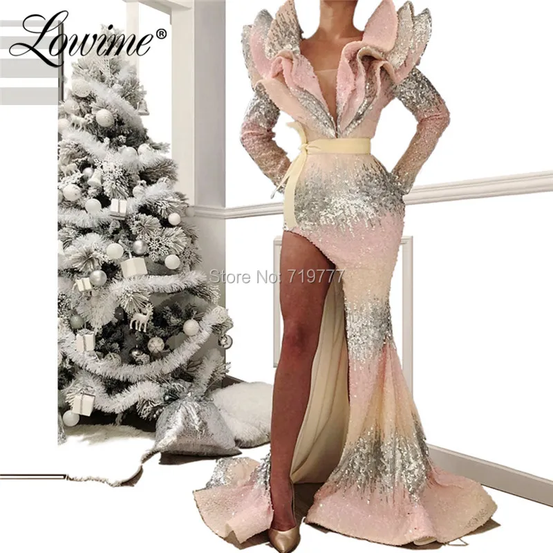 

Pink And Silver Sequin Prom Dresses Arabic Kaftans Special Design Evening Dress Mermaid Party Gowns Robe De Soiree 2019 Newest