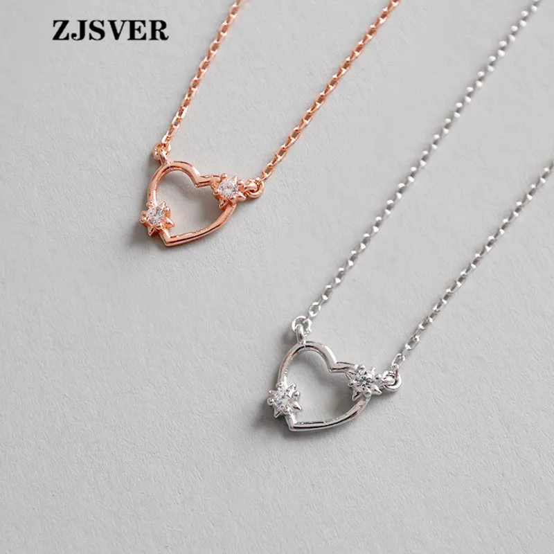 

ZJSVER Fine Jewelry 925 Sterling Silver Micro-inlay Zircon Hollow Heart Pendant Fashion Rose Golden/Silver Chain Women Necklace