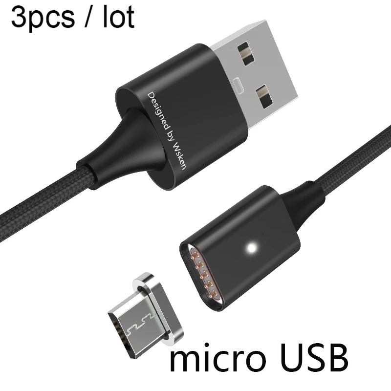 Магнитный кабель WSKEN Lite1, 3 шт./лот, быстрая Магнитная Зарядка, Micro USB кабель, Магнитный зарядный кабель для iPhone, USB кабель, 1 м - Цвет: microUSB cable black