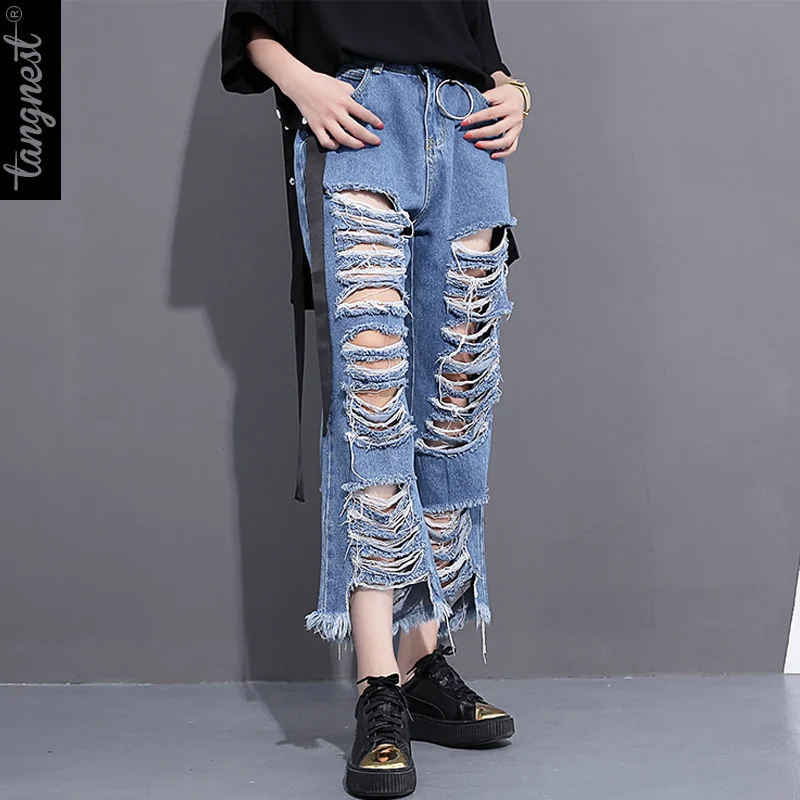 

TANGNEST Women Jeans 2017 Fashion Spring Summer Distressed Mid Waist Hole Ripped Loose Pants WKN516