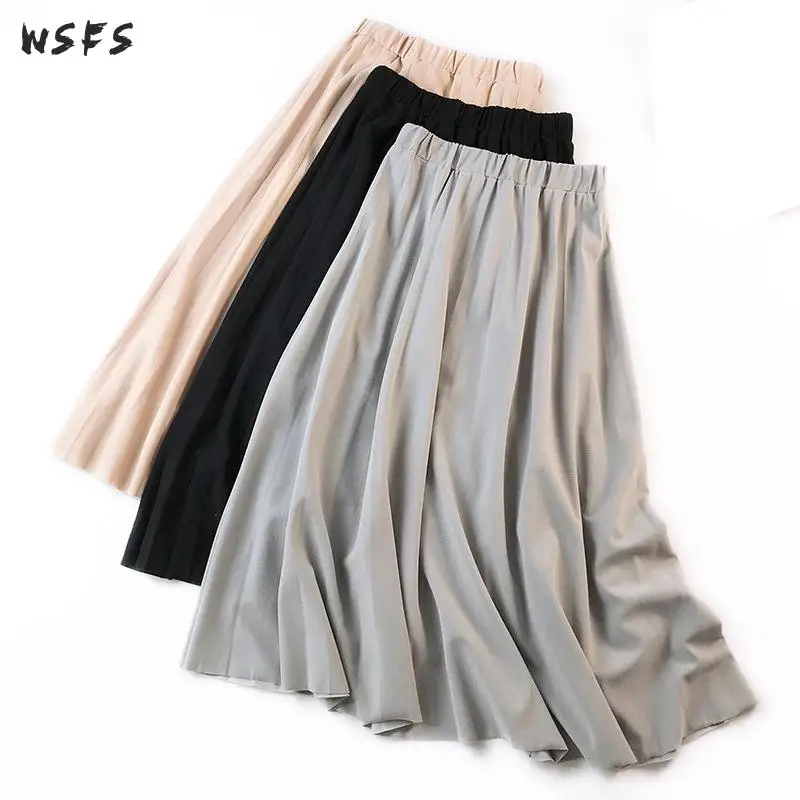 

Autumn Pleated Skirt Black Gray Beige High Elastic Waisted Long Skirts Womens 2018 Befree Casual Ladies Midi Skirt Jupe Femme