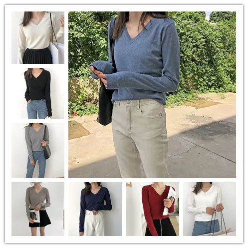 1PC Women V-Neck Knitting Sweater Autumn Winter Sexy Elegant Pullover Multi Colors Ladies Bottoming Tops New