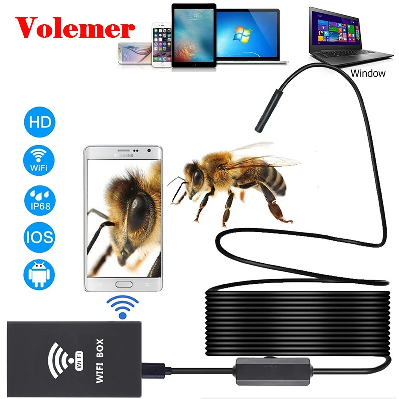 Volemer 1200 P 2MP WI-FI usb эндоскопа IP67 Водонепроницаемый полужесткие 8 шт. светодиодный Бороскоп Инспекции Змея Камера бороскоп android