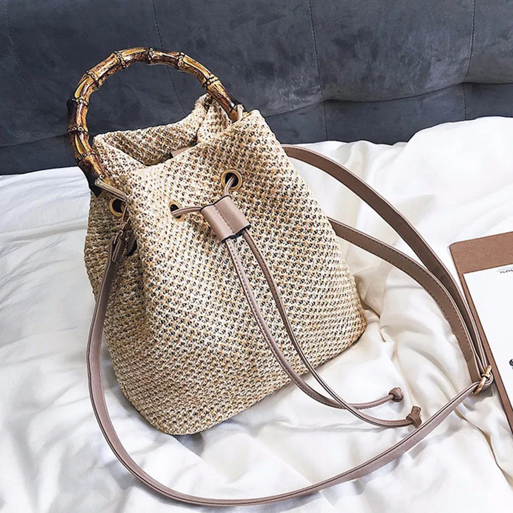 

2019 Summer New Straw bucket bag Purse Handbags Women Beach Bamboo Bracelet Straw Burlap Square Bag Beach 10.0