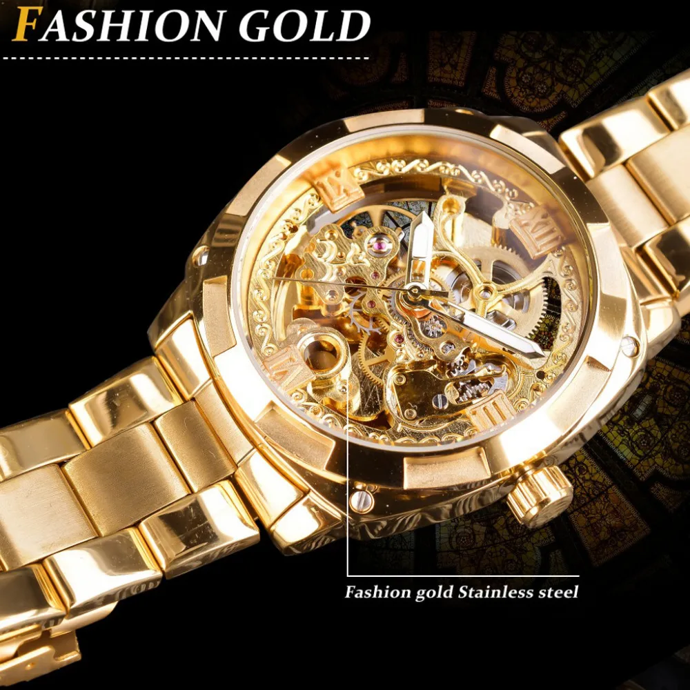 Forsining Ретро Мужские автоматические механические наручные часы лучший бренд класса люкс Полный Золотой дизайн светящиеся руки Скелет часы мужские