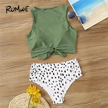Romwe Sport Two-Pieces Suits Knot Hem Top With Ruched Panty 2 Piece Swimsuit Women Summer High Neck Casual Swimwear 2 Colors Romwe Sport Two-Pieces Suits Knot Hem Top With Ruched Panty 2 Piece Swimsuit Women Summer High Neck Casual Swimwear 2 Colors