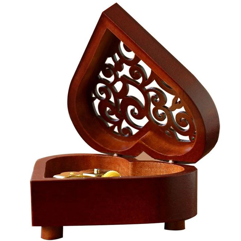 Креативный в форме сердца винтажный деревянный резной механизм музыкальная шкатулка ветряная Подарочная Музыкальная шкатулка на