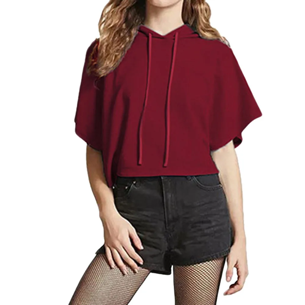 

Women Fashion Casual Drawstring Pink Short Sleeve Hooded Casual Crop Top