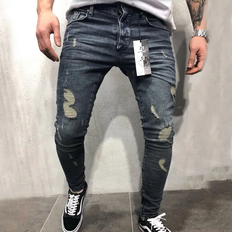 Для мужчин s зауженные джинсы скинни Ripped Destroyed стрейч Для мужчин Мужские джинсы Slim Fit-хоп штаны с отверстиями для Для мужчин