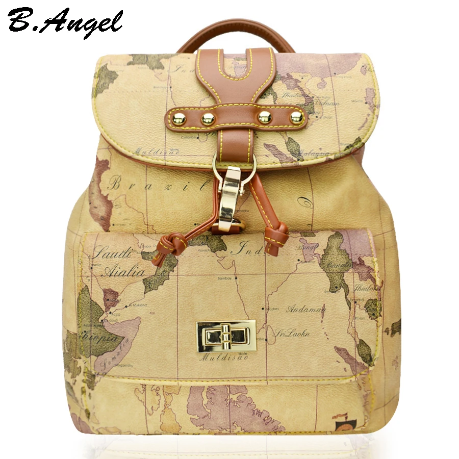High quality women and men world map backpack fashion backpack women retro leather backpack brand design