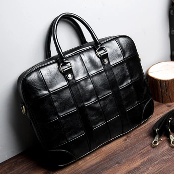 

Korean Fashion Plaid Waterproof Men Business Briefcase Classic Black Men Leather Handbags