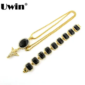 

Iced Out Oval stone with Angel Pendant Necklace & Yellow Gold Finish Rappers Style Bracelet Set Mens Gold Tone Hip Hop Necklace