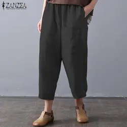 ZANZEA 2019 осень Для женщин шаровары Повседневное мешковатые хлопковые льняные брюки свободные Панталон карманов уличная одежда большого