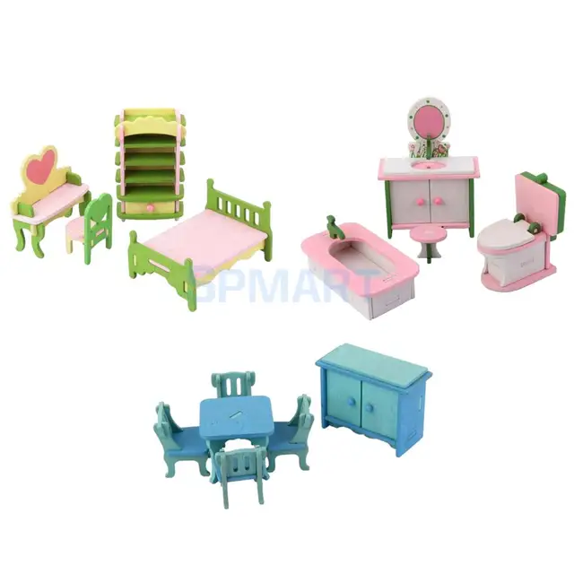 Best Price 3 Sets 14 Pieces Colorful Wooden 1:12 Dollhouse Miniature Furniture Bedroom Bathroom Dining Room Sets Doll Home Decoration ACCS Best Price 3 Sets 14 Pieces Colorful Wooden 1:12 Dollhouse Miniature Furniture Bedroom Bathroom Dining Room Sets Doll Home Decoration ACCS